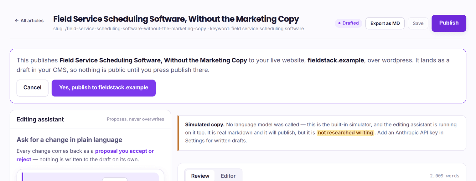 The publish confirmation under the article's toolbar: “This publishes The Real Cost of Field Service Software to your live website, fieldstack.example, over wordpress. It lands as a draft in your CMS, so nothing is public until you press publish there.” with Cancel and “Yes, publish to fieldstack.example” buttons.